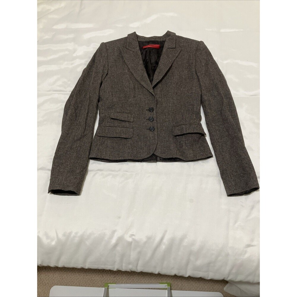 Hugo Boss Tweed Cropped Blazer Brown Womens S Pockets Professional Career Office